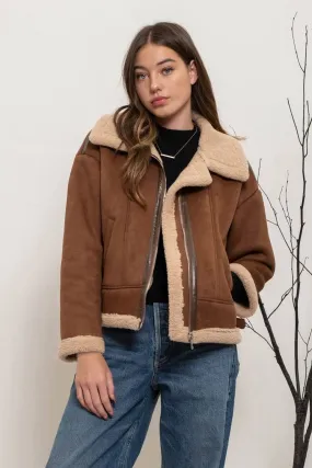 Brown Contrast Faux Shearling Jacket