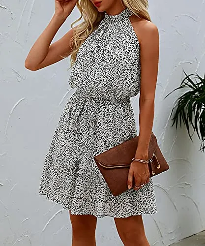 BTFBM Women 2023 Summer Halter Neck Dresses Sleeveless Casual Floral Polka Dot Leopard Print Short Boho Ruffle Sundress(Dot Apricot Black, s)