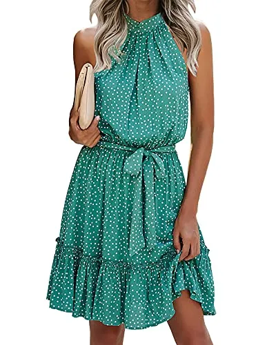 BTFBM Women 2023 Summer Halter Neck Dresses Sleeveless Casual Floral Polka Dot Leopard Print Short Boho Ruffle Sundress(Polka Dot Green,Small)