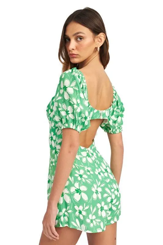 Bubble Sleeve Floral Romper With Cut Out