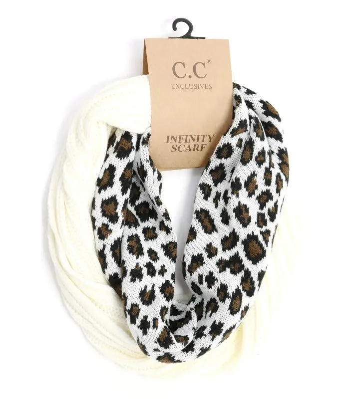 CC Beanie Ribbed Knit 2-Tone Leopard Print Infinity Scarf