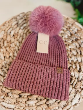 C.C Cable Cuff Pom Beanie - Coco Berry