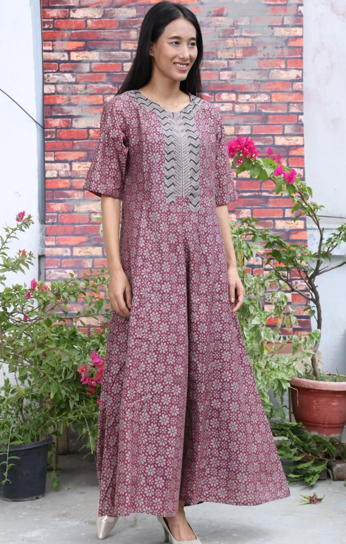 Chanderi Handblock Printed Jumpsuit in Dewberry Violet