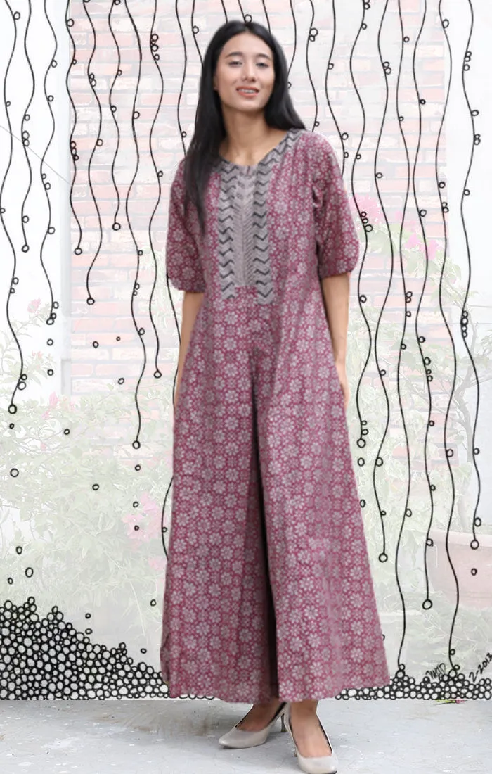 Chanderi Handblock Printed Jumpsuit in Dewberry Violet