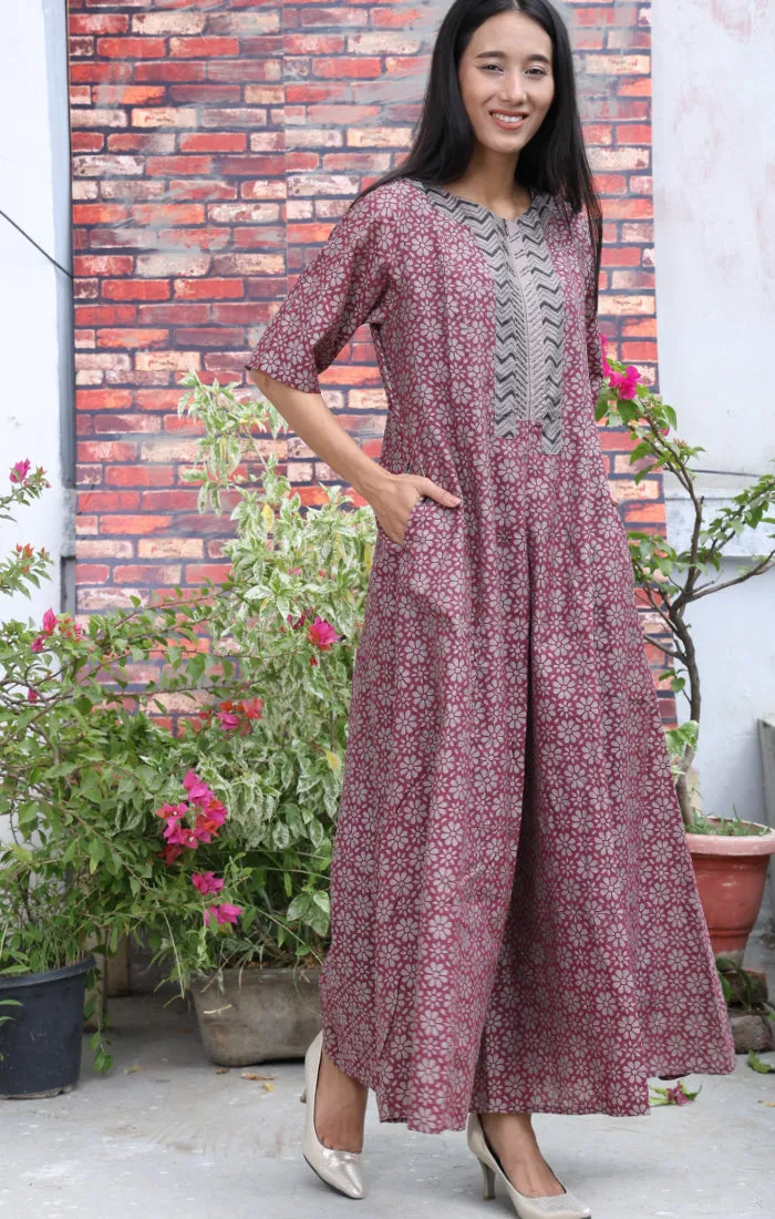 Chanderi Handblock Printed Jumpsuit in Dewberry Violet