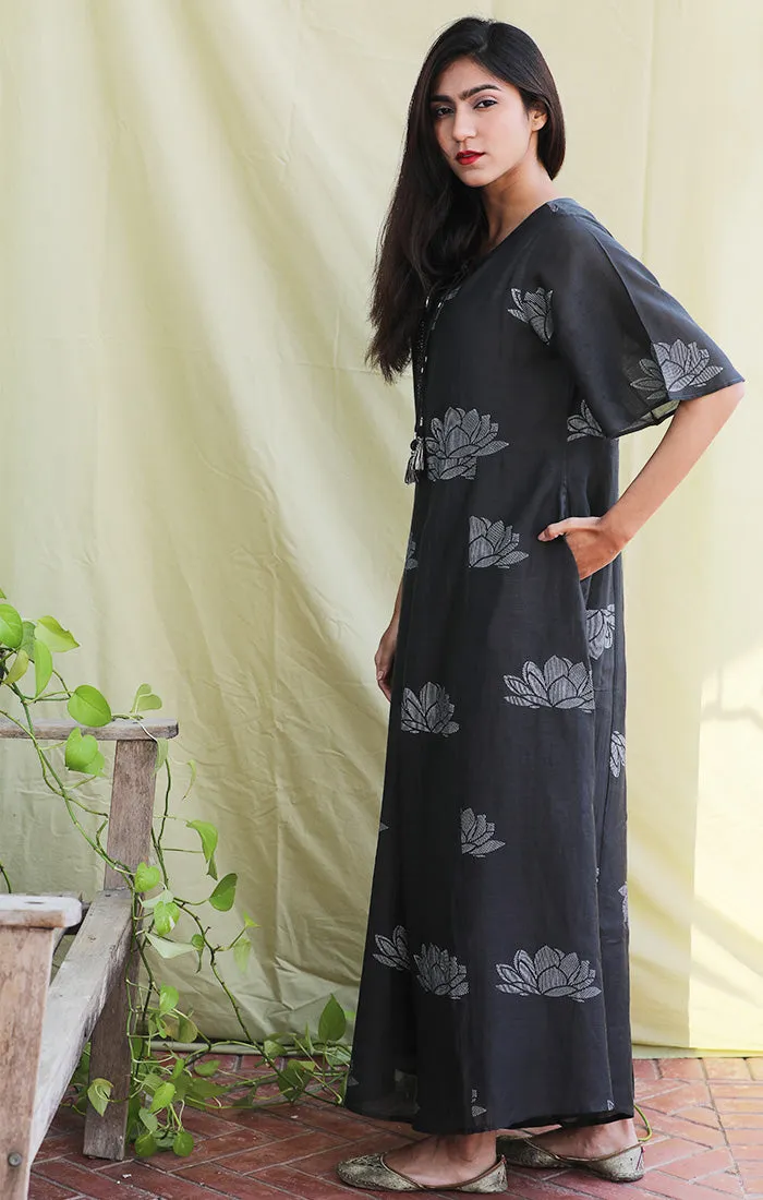 Charcoal - Lotus Print Chanderi Jumpsuit