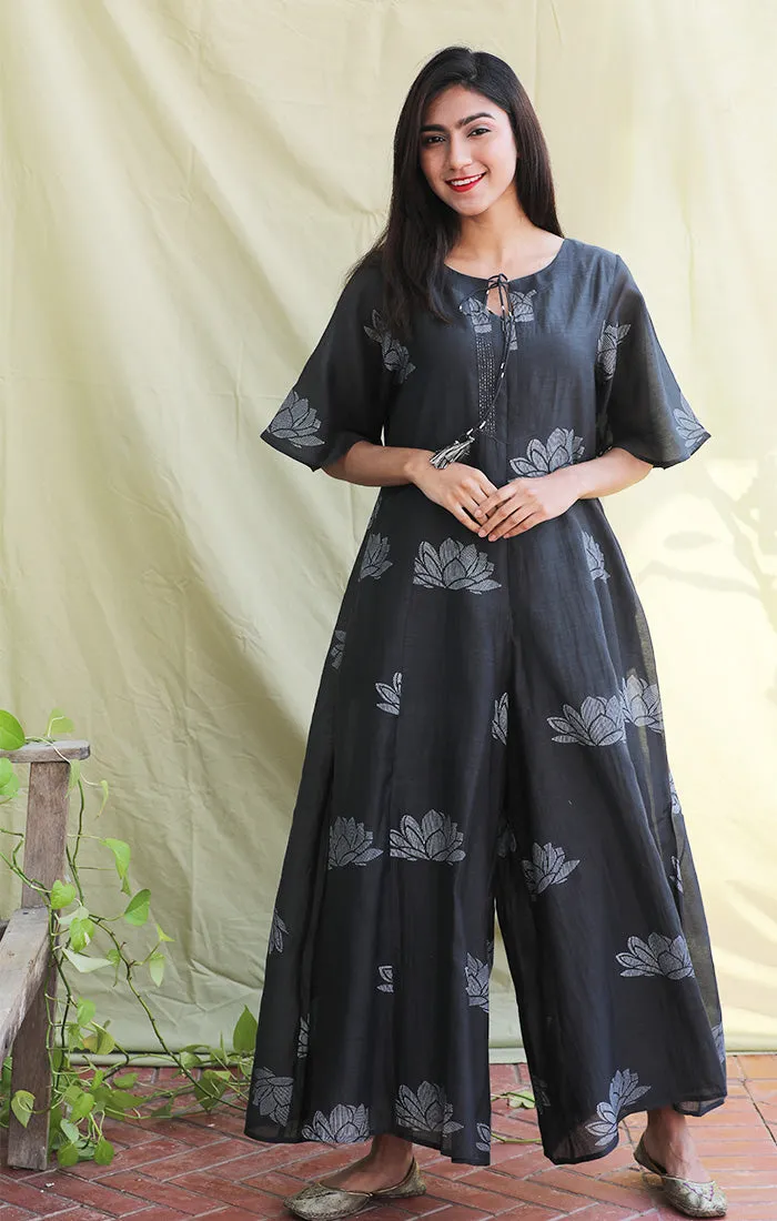 Charcoal - Lotus Print Chanderi Jumpsuit