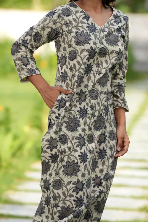 Charcoal Mist Handblock Printed Cotton Kurti