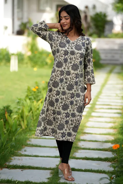 Charcoal Mist Handblock Printed Cotton Kurti