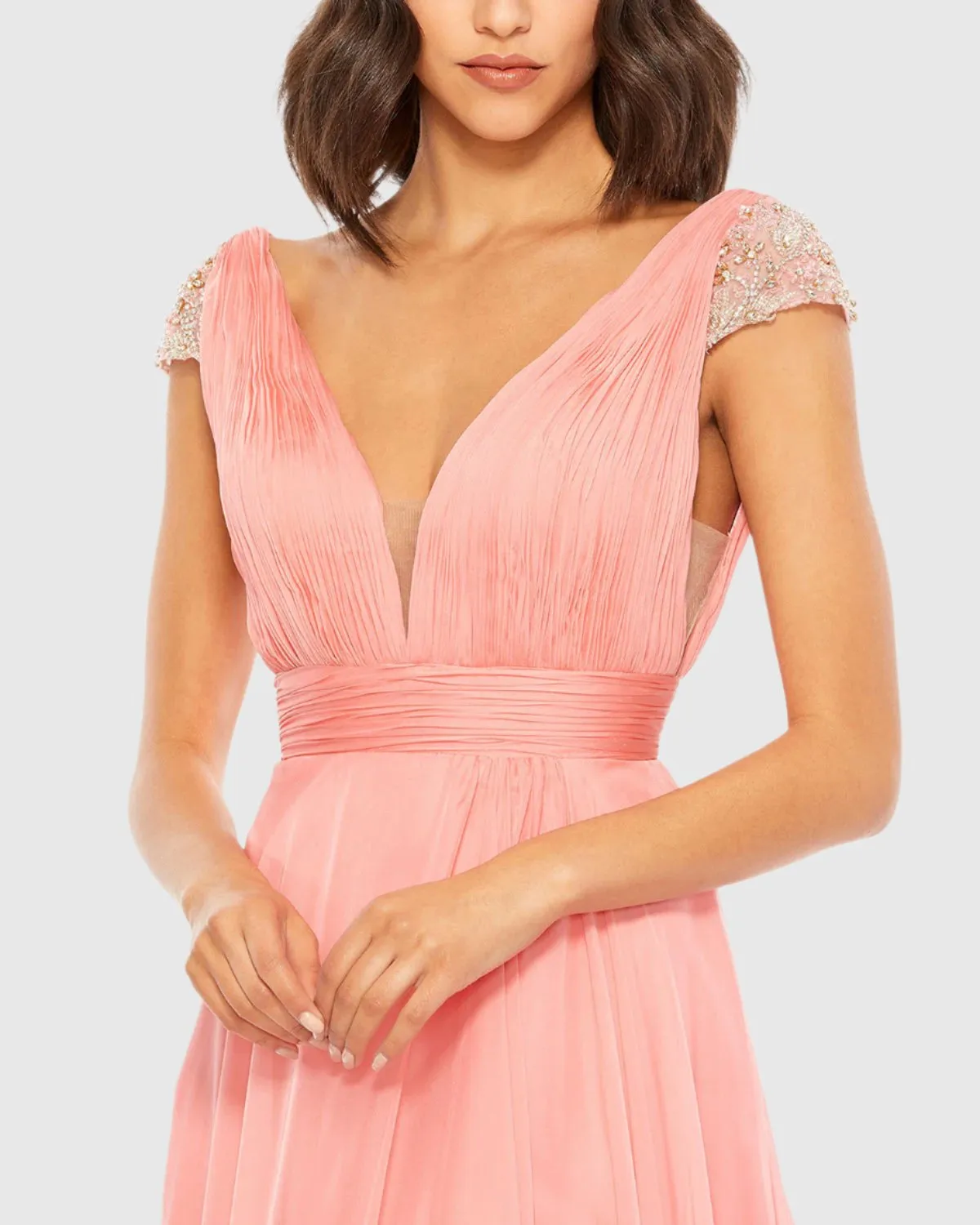 Chiffon Beaded Cap Sleeve A Line Gown