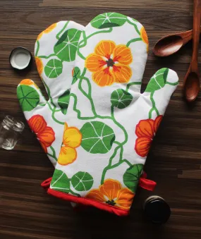 Cotton Green and Orange Flower With Red Piping Oven Gloves Pack Of 2