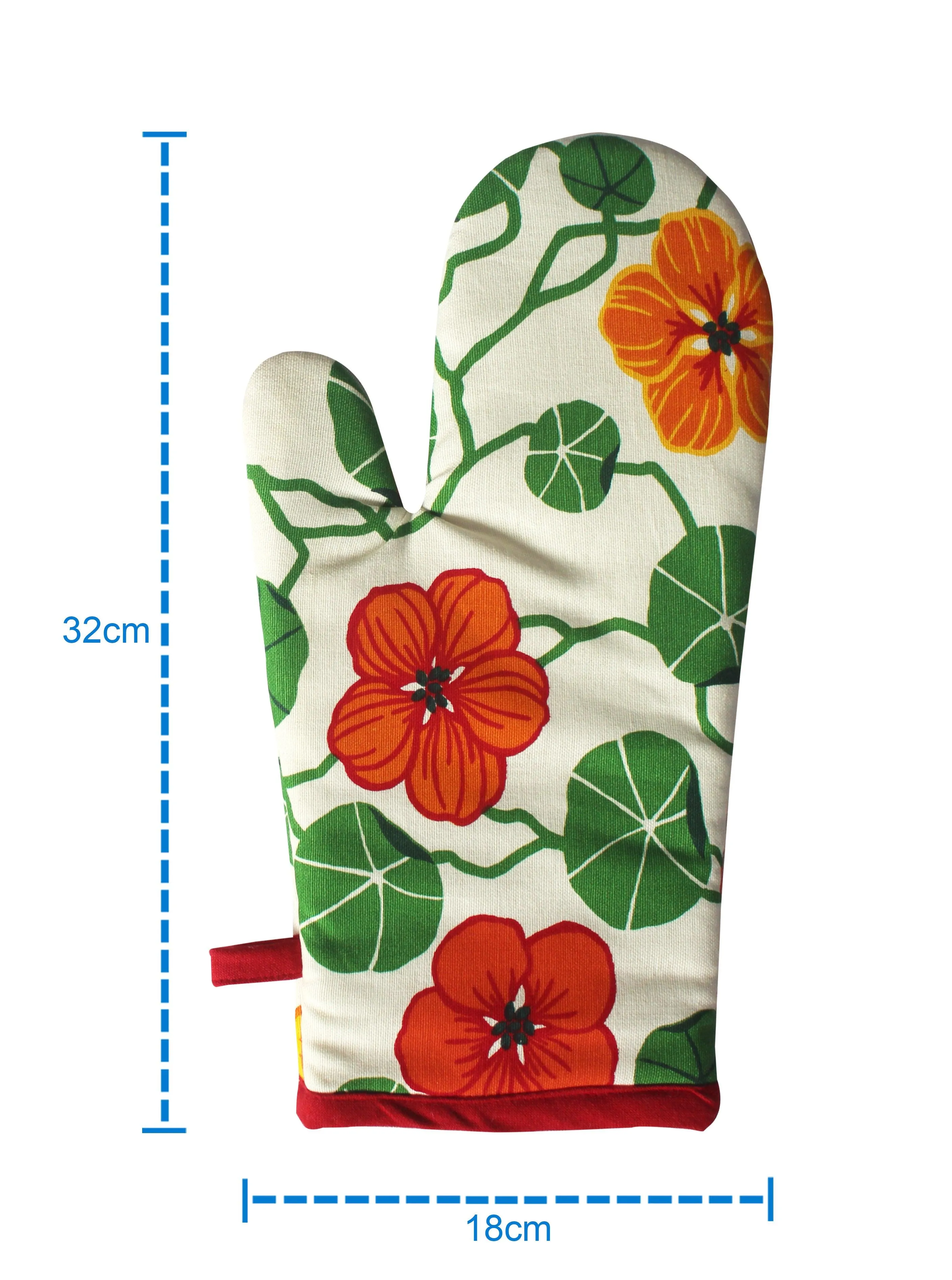 Cotton Green and Orange Flower With Red Piping Oven Gloves Pack Of 2