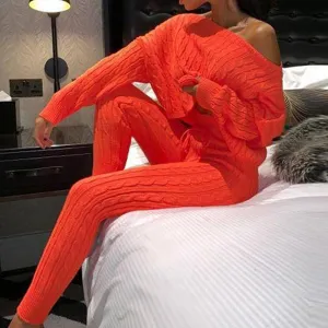 Cozy Orange Cable Knit 2pc Sweater & Leggings Set