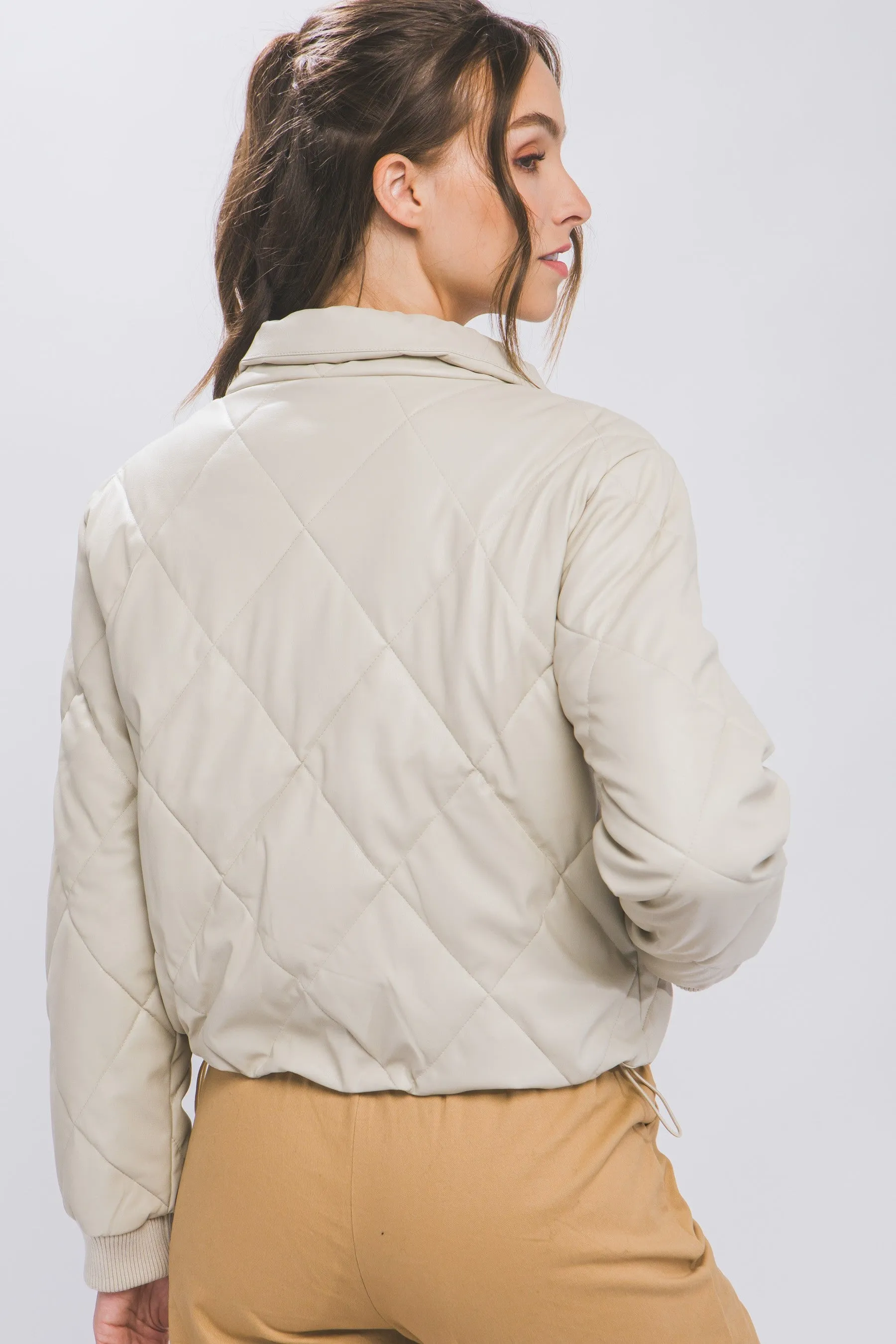 Cream Pleather Puffer Jacket w/ Adjustable Waist - Final Sale