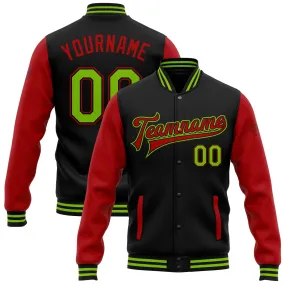 Custom Black Neon Green-Red Bomber Full-Snap Varsity Letterman Two Tone Jacket