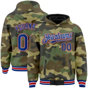 Custom Camo Royal-Red Bomber Full-Snap Varsity Letterman Salute To Service Hoodie Jacket