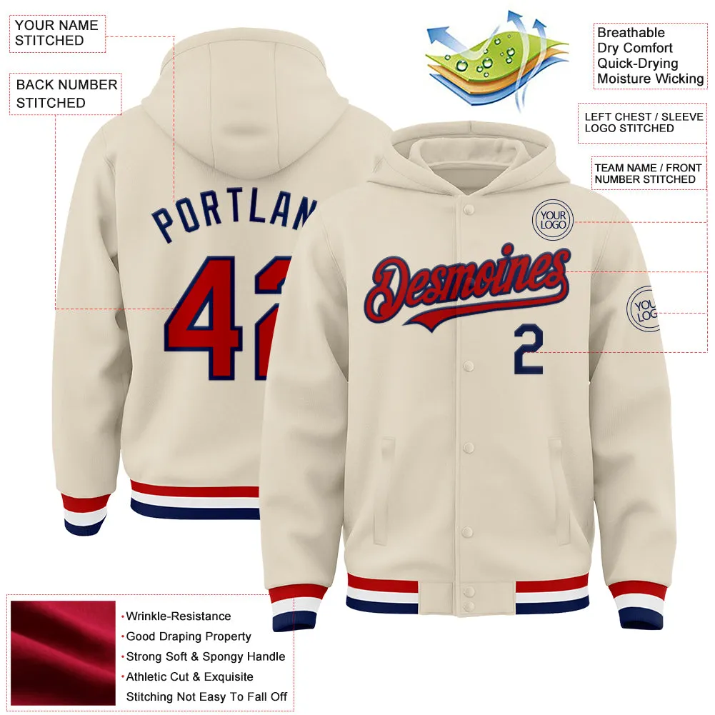 Custom Cream Red Navy-White Bomber Full-Snap Varsity Letterman Hoodie Jacket