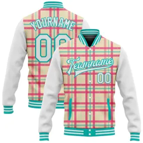 Custom Cream White-Aqua Check Board 3D Pattern Design Bomber Full-Snap Varsity Letterman Jacket