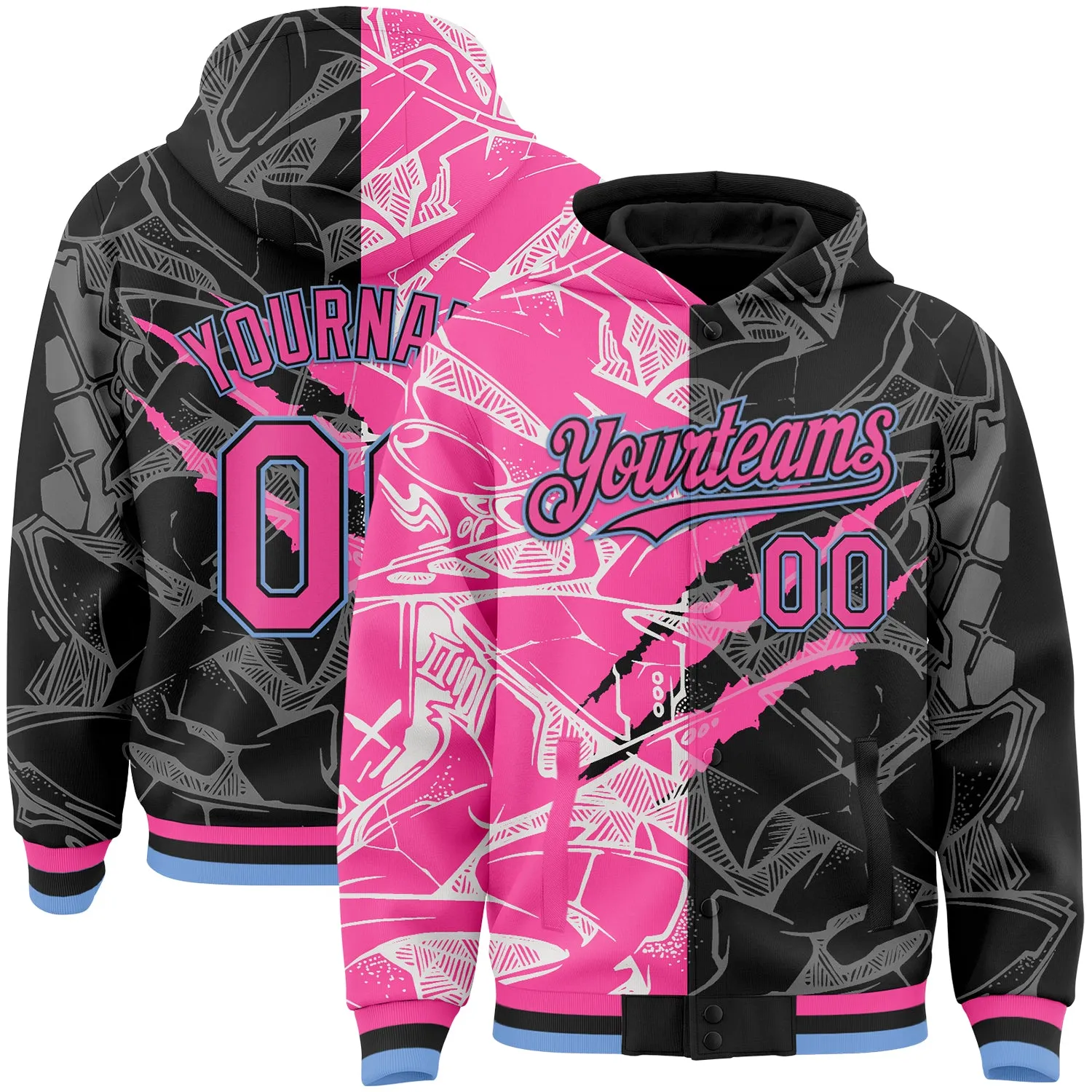 Custom Graffiti Pattern Pink Black-Light Blue Scratch 3D Bomber Full-Snap Varsity Letterman Hoodie Jacket