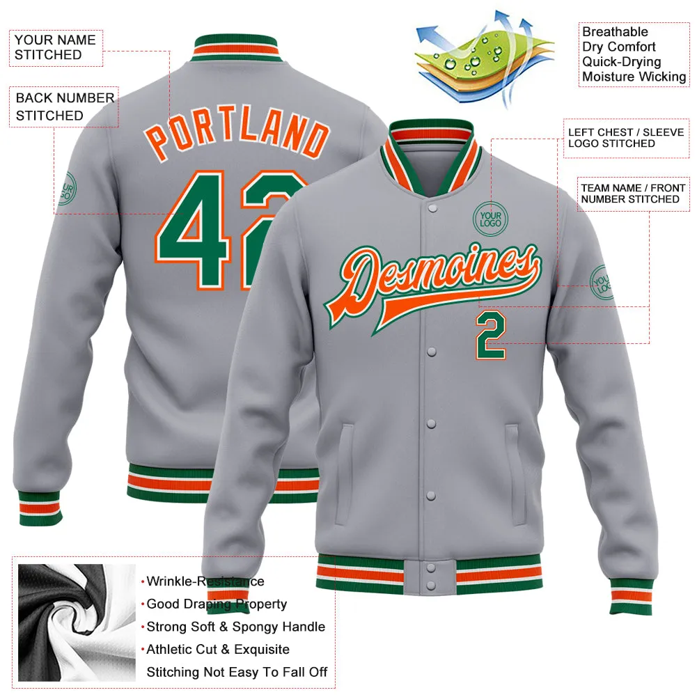 Custom Gray Kelly Green-Orange Bomber Full-Snap Varsity Letterman Jacket