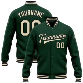 Custom Green Cream-Black Bomber Full-Snap Varsity Letterman Jacket