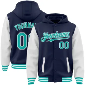 Custom Navy Aqua-White Bomber Full-Snap Varsity Letterman Two Tone Hoodie Jacket