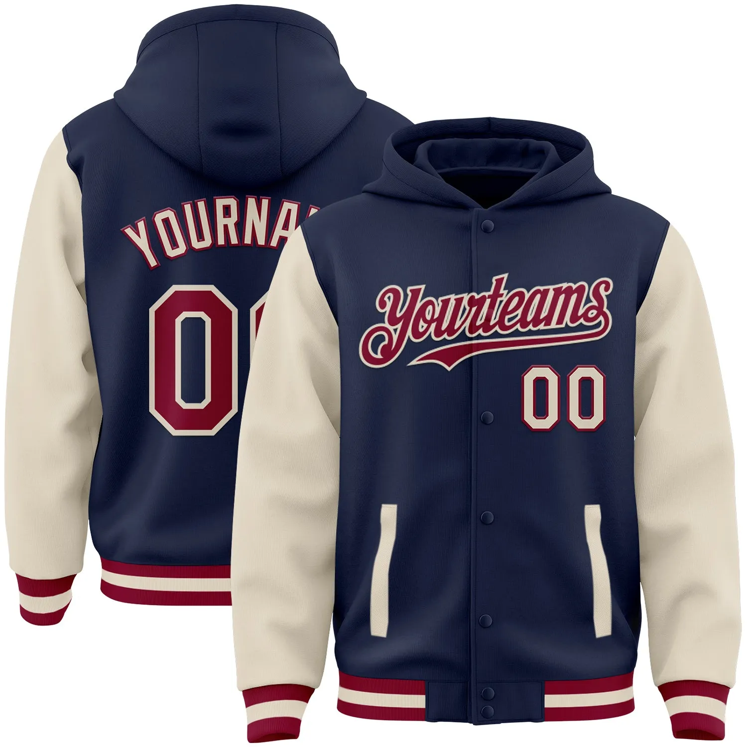 Custom Navy Maroon-Cream Bomber Full-Snap Varsity Letterman Two Tone Hoodie Jacket