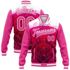 Custom Pink White Wolf With Dreamcatcher 3D Pattern Design Bomber Full-Snap Varsity Letterman Jacket