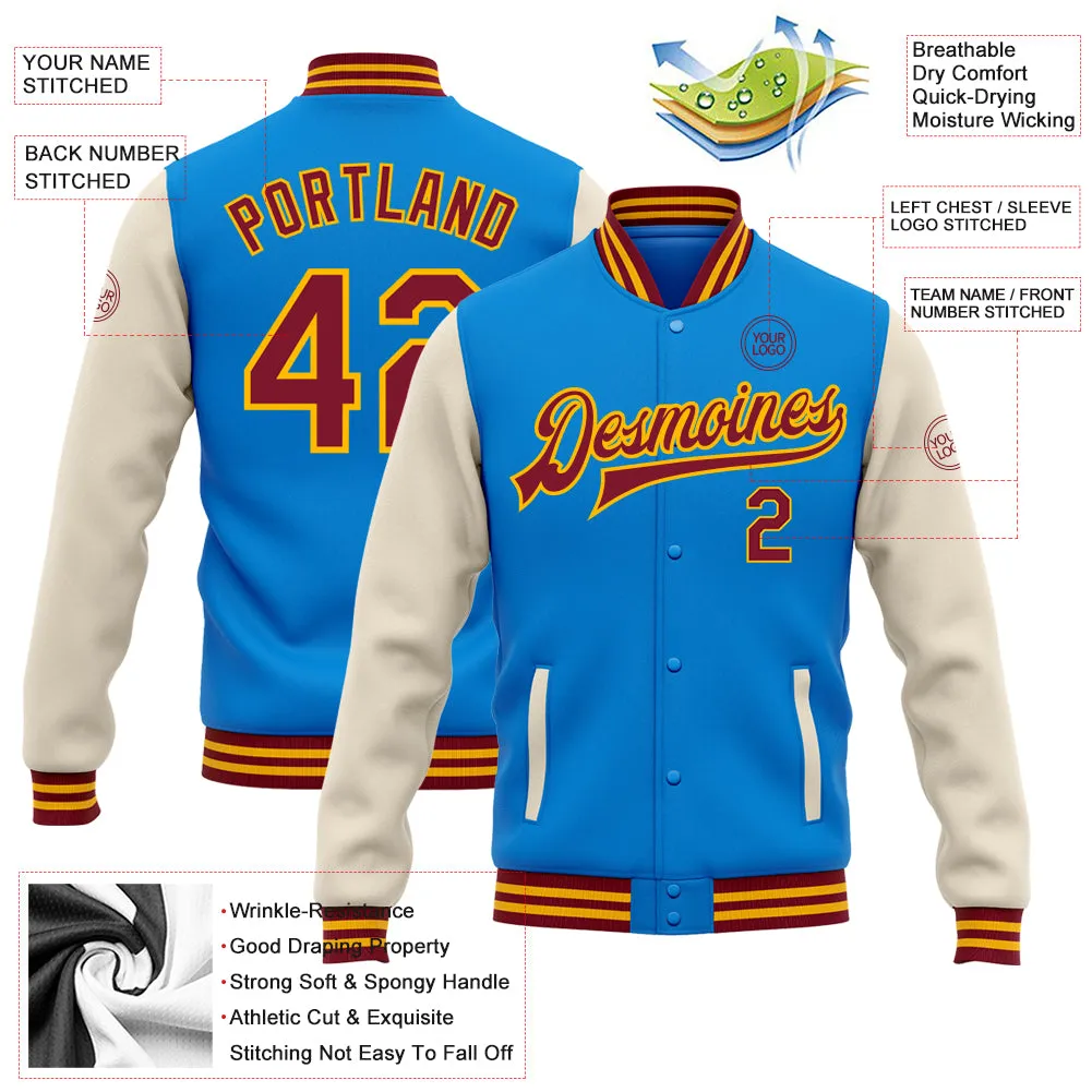 Custom Powder Blue Crimson Cream-Gold Bomber Full-Snap Varsity Letterman Two Tone Jacket