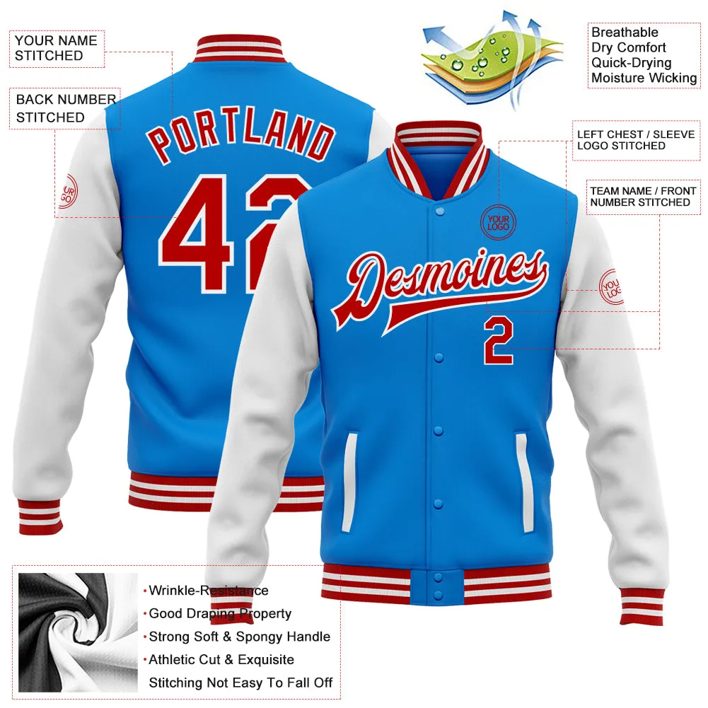 Custom Powder Blue Red-White Bomber Full-Snap Varsity Letterman Two Tone Jacket