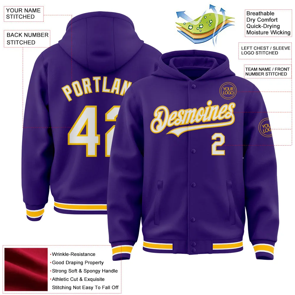 Custom Purple White-Gold Bomber Full-Snap Varsity Letterman Hoodie Jacket