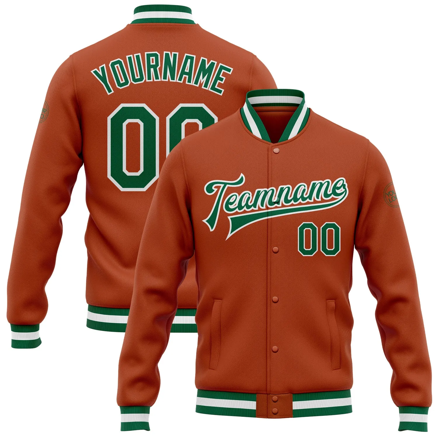 Custom Texas Orange Kelly Green-White Bomber Full-Snap Varsity Letterman Jacket