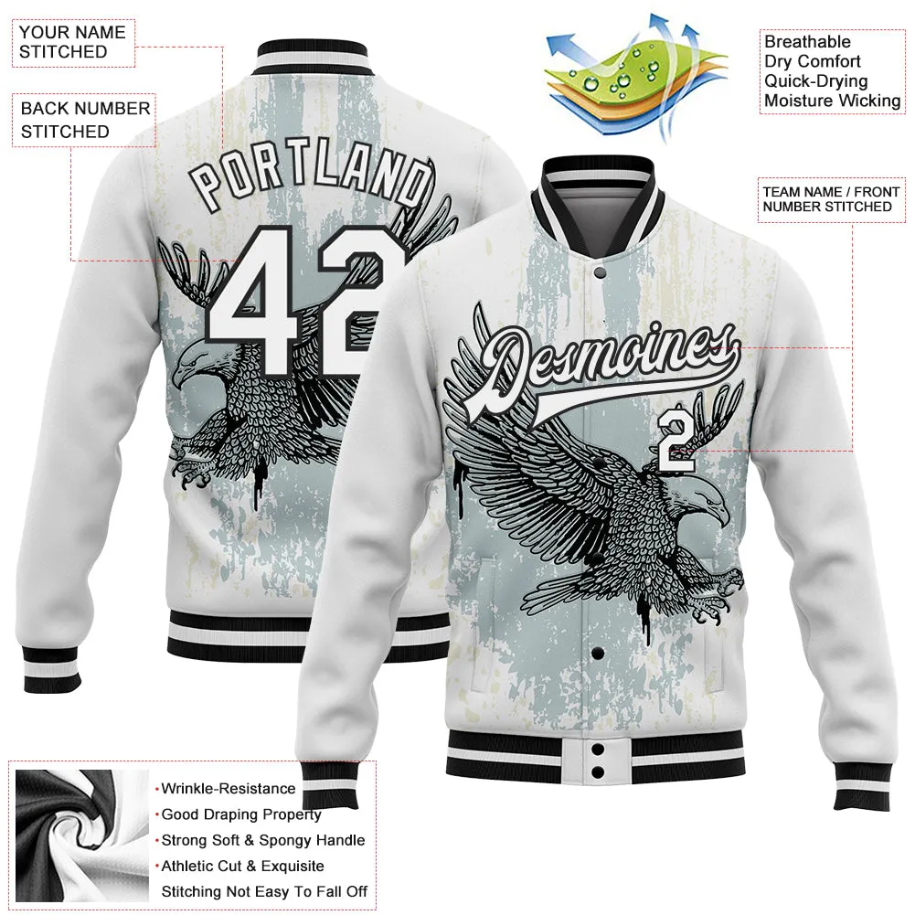 Custom White Black Eagle 3D Pattern Design Bomber Full-Snap Varsity Letterman Jacket