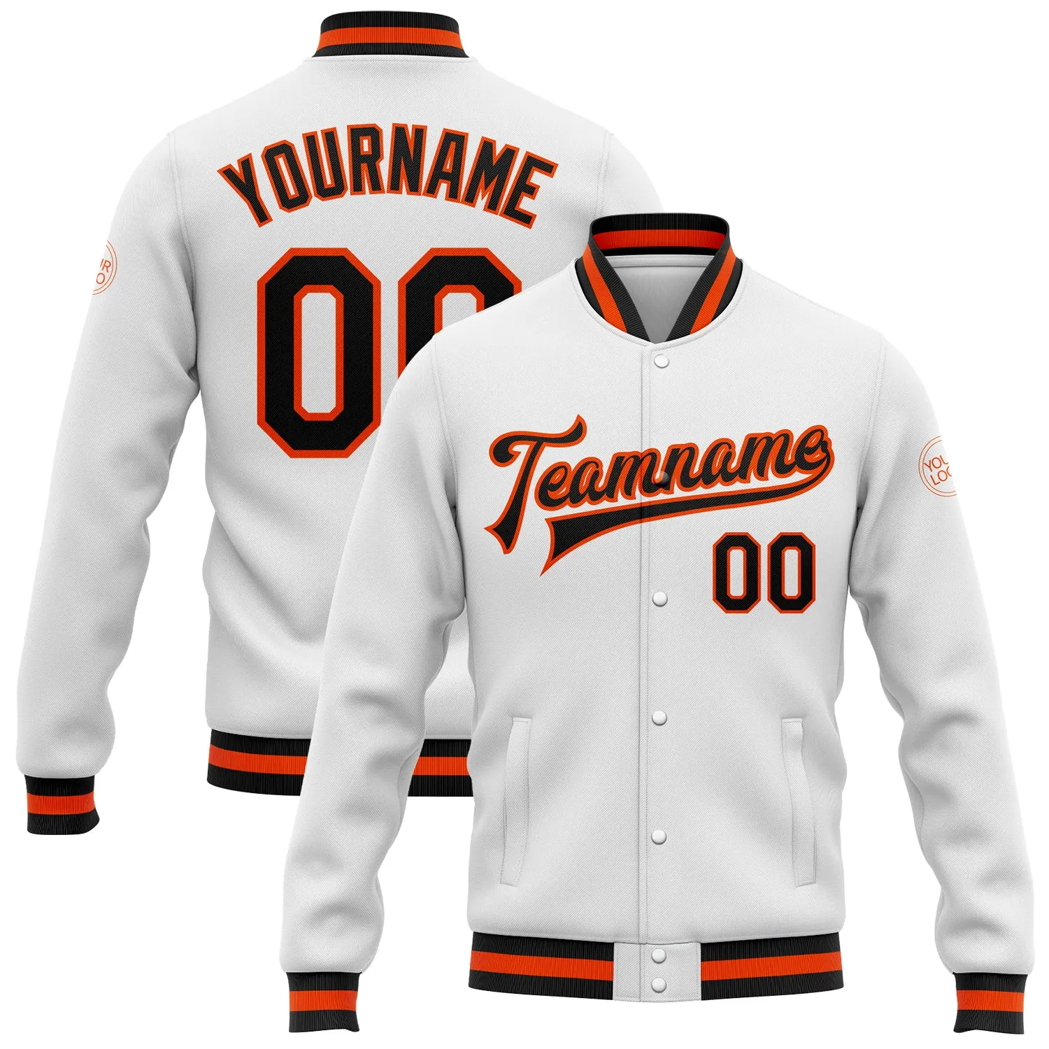 Custom White Black-Orange Bomber Full-Snap Varsity Letterman Jacket