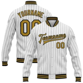 Custom White Black Pinstripe Old Gold Bomber Full-Snap Varsity Letterman Jacket