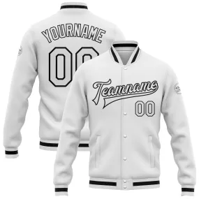 Custom White White-Black Bomber Full-Snap Varsity Letterman Jacket