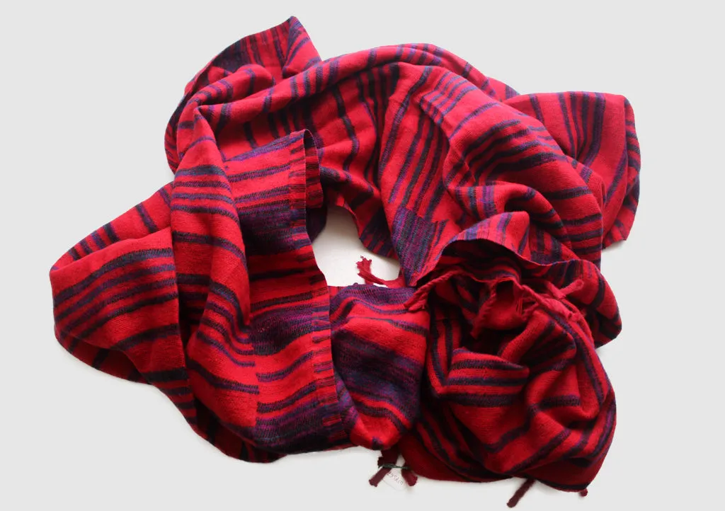 Dark Blue Lining Red Himalayan Woolen Shawl