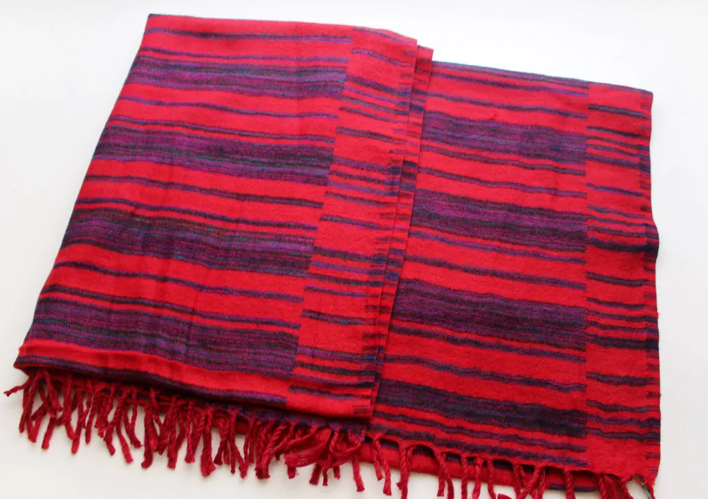 Dark Blue Lining Red Himalayan Woolen Shawl