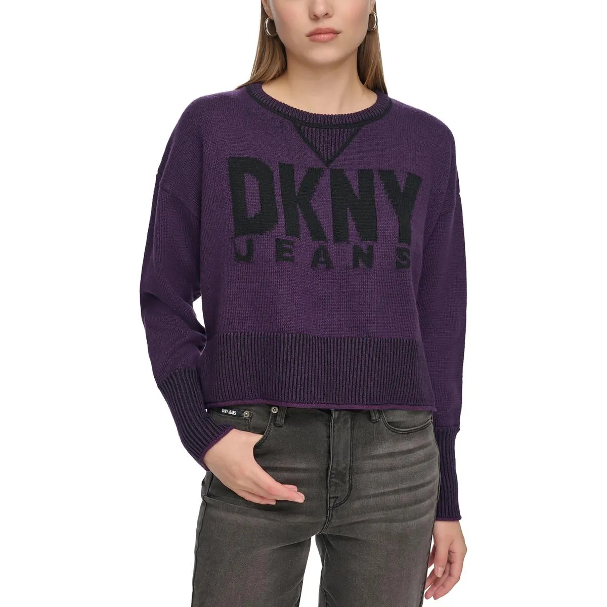 DKNY Jeans Womens Knit Ribbed Trim Pullover Sweater