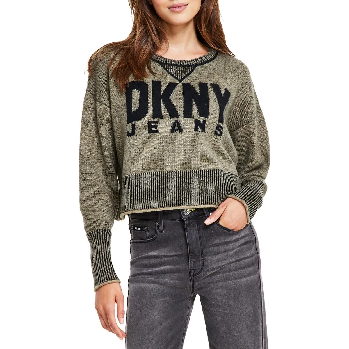 DKNY Jeans Womens Knit Ribbed Trim Pullover Sweater