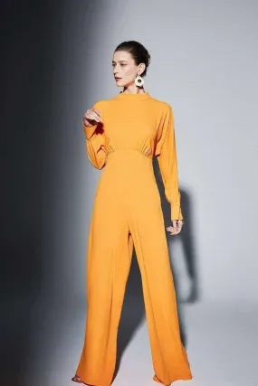 Draped Gathered High Waist Jumpsuit Orange - Modest Jumpsuits