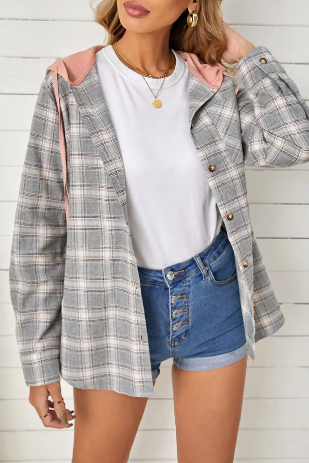 Drawstring Plaid Hooded Shirt Coat