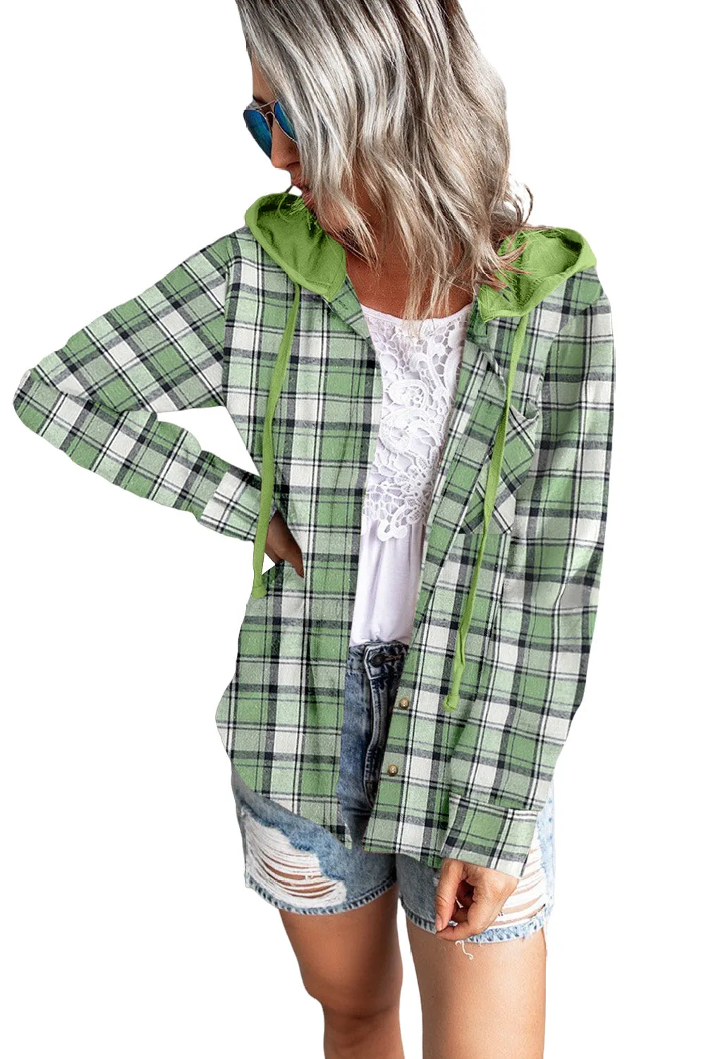 Drawstring Plaid Hooded Shirt Coat