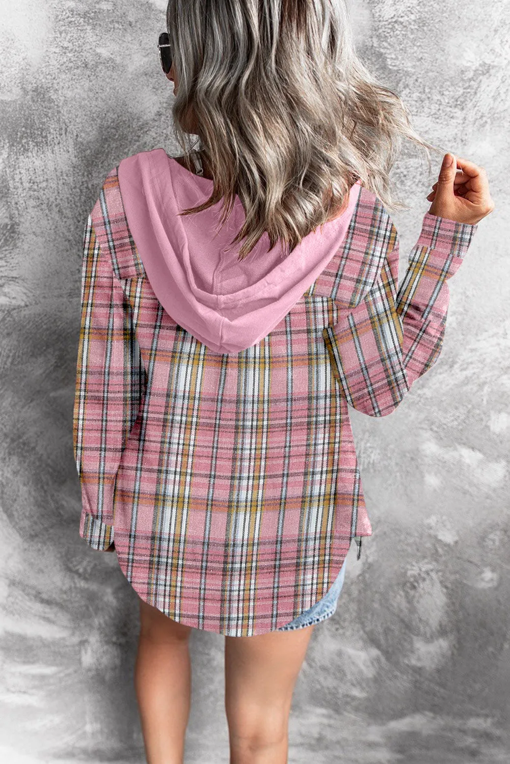 Drawstring Plaid Hooded Shirt Coat