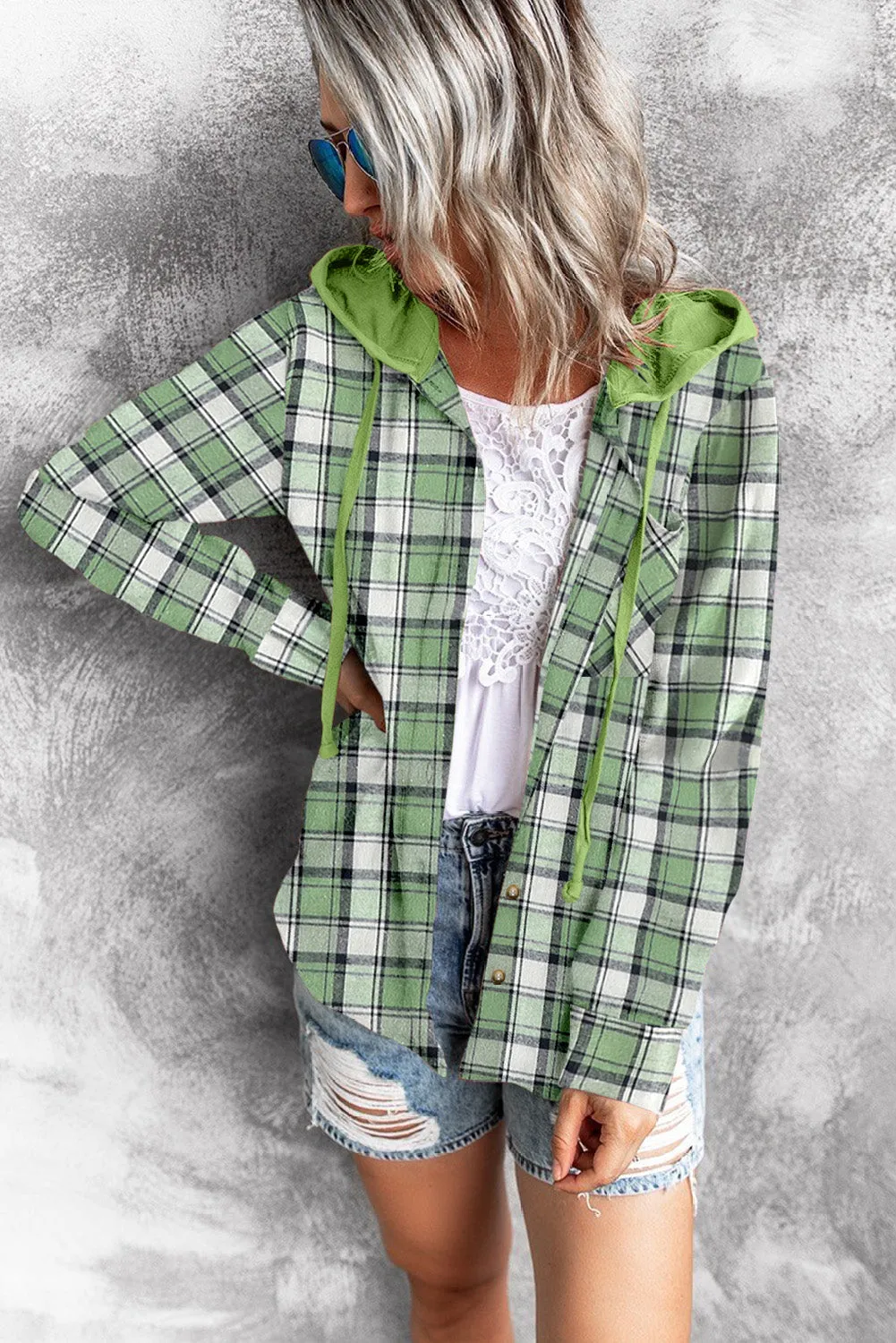 Drawstring Plaid Hooded Shirt Coat