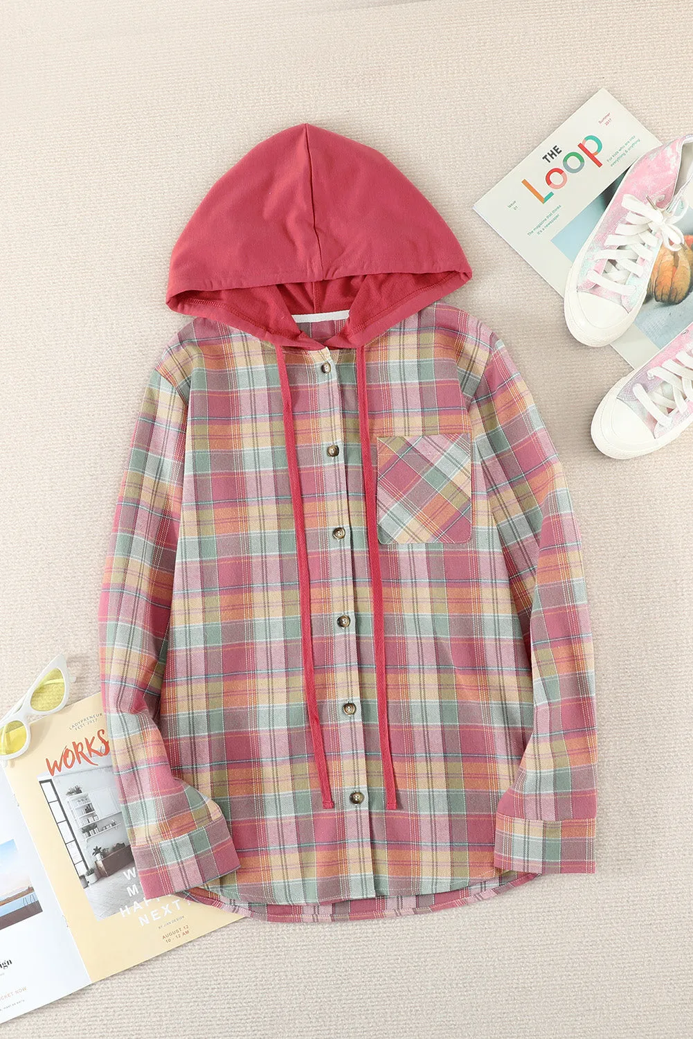 Drawstring Plaid Hooded Shirt Coat