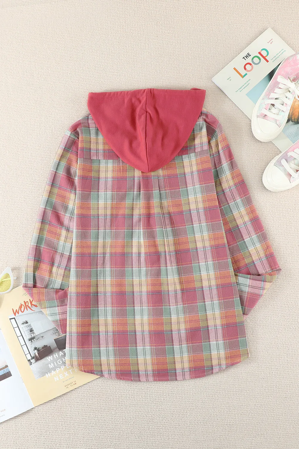 Drawstring Plaid Hooded Shirt Coat