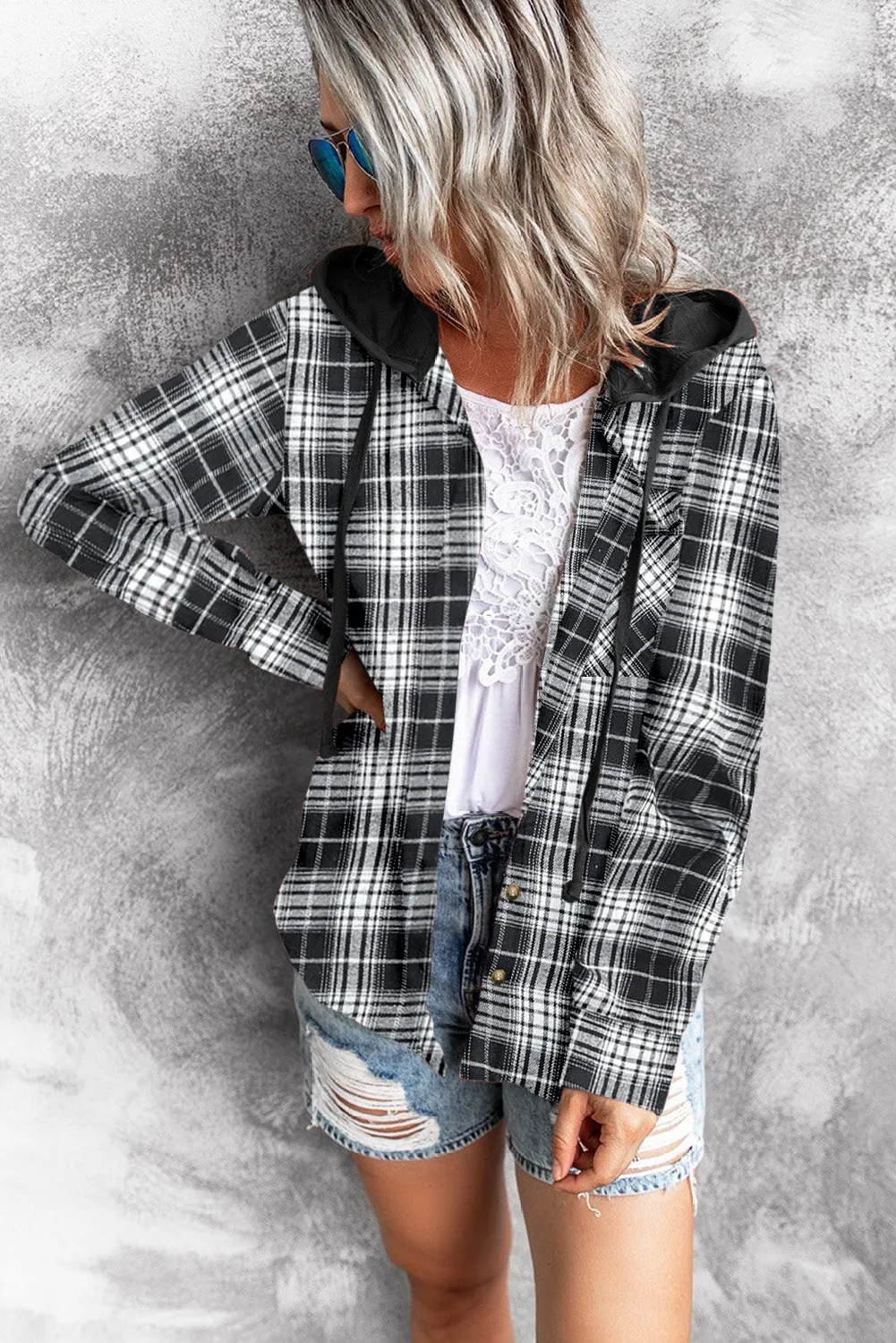 Drawstring Plaid Hooded Shirt Coat