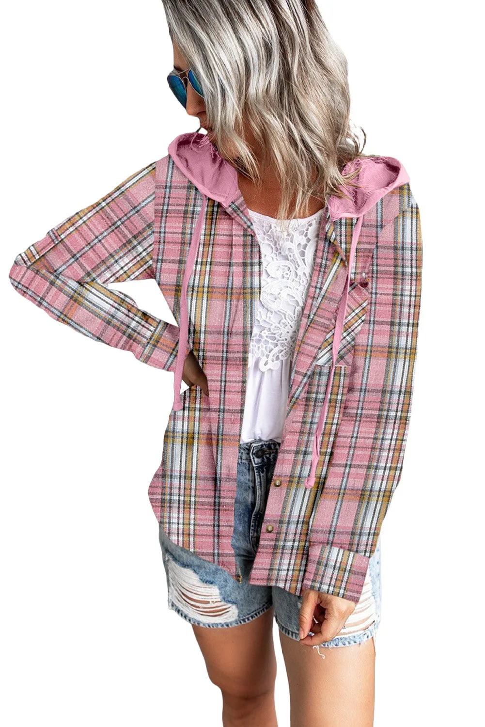 Drawstring Plaid Hooded Shirt Coat