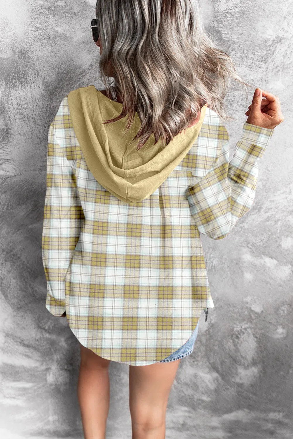 Drawstring Plaid Hooded Shirt Coat